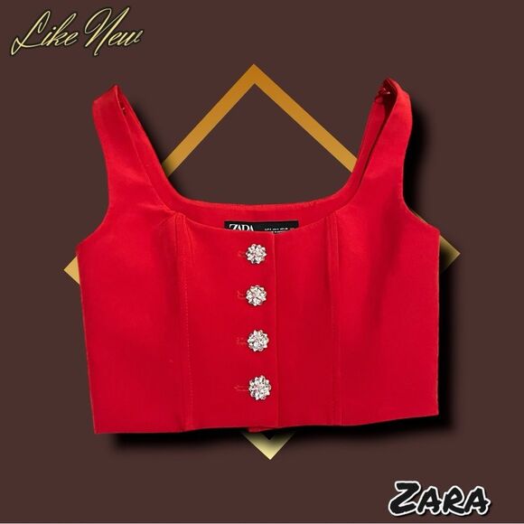 Zara Tops - Like New ZARA Red Bustier Top with Rhinestone Buttons - Size Small